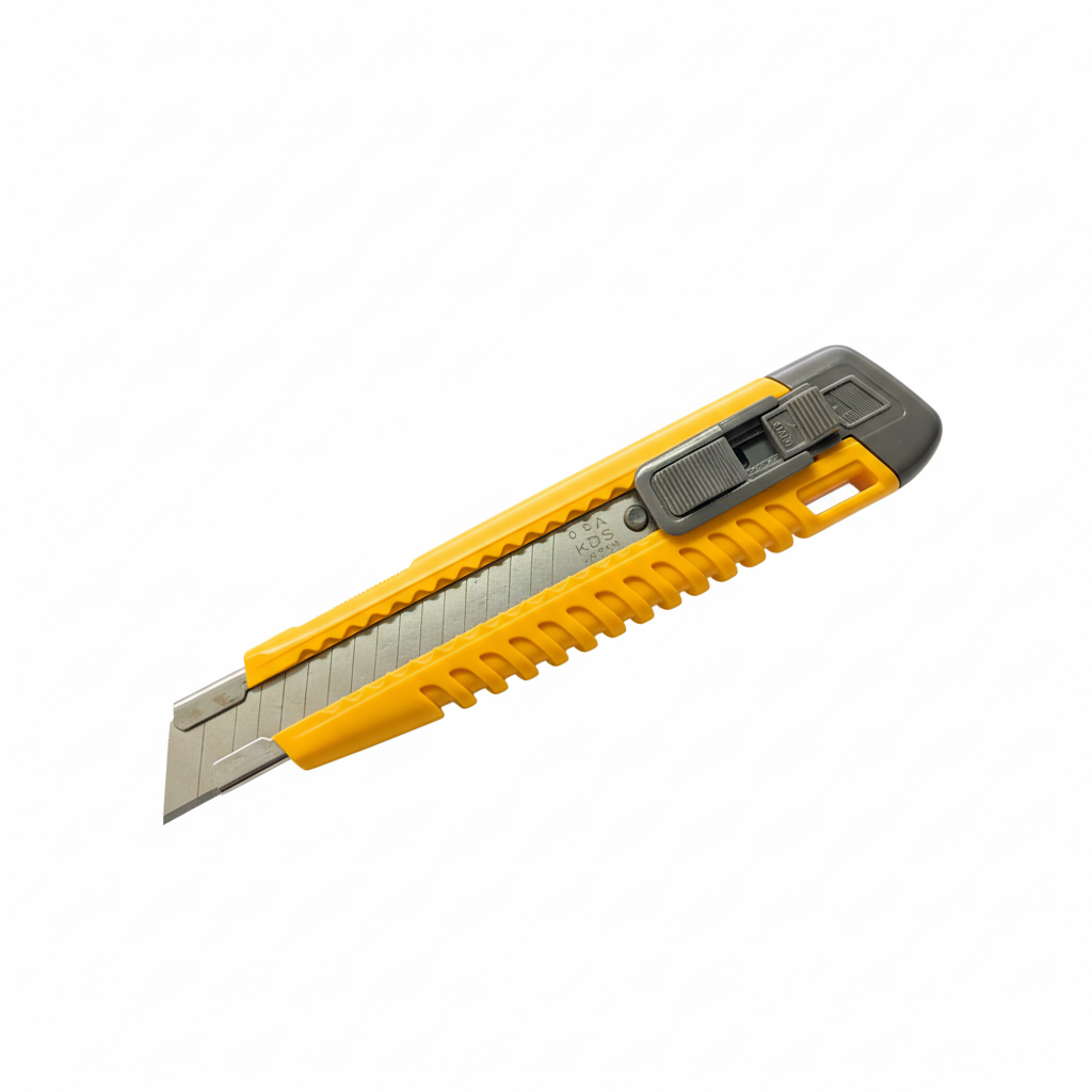 Gelbes Cuttermesser auf weißem Hintergrund
